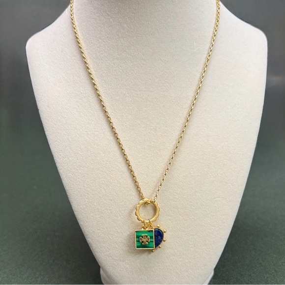 TORY BURCH- 18” gold plated necklace w/ green & blue pendants• EUC - Picture 2 of 5